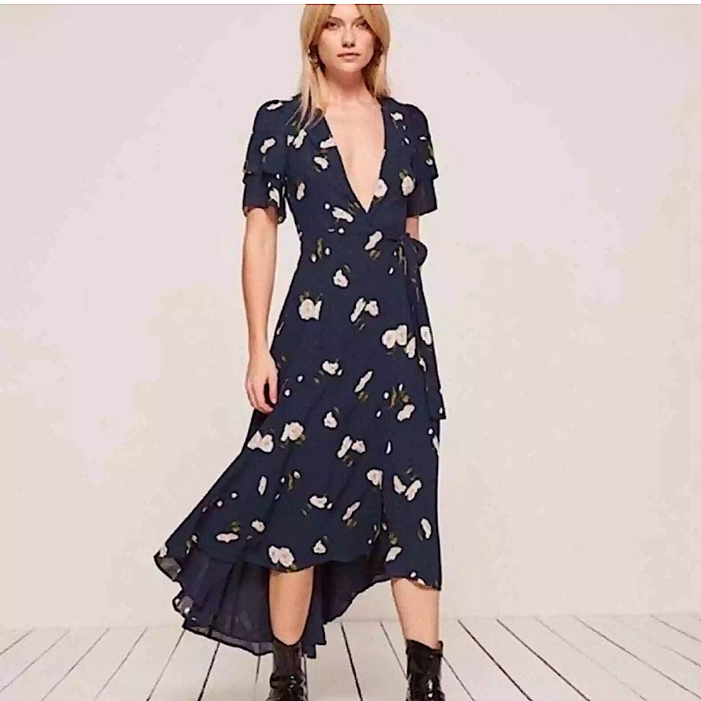 Reformation Dress Layley Wrap Midi in Opaline Navy Floral